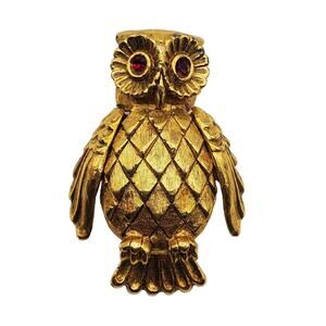 Gold Tone Owl Brooch Solid Perfume Pin Vonda Bird Red Rhinestone Eyes Nature Vtg